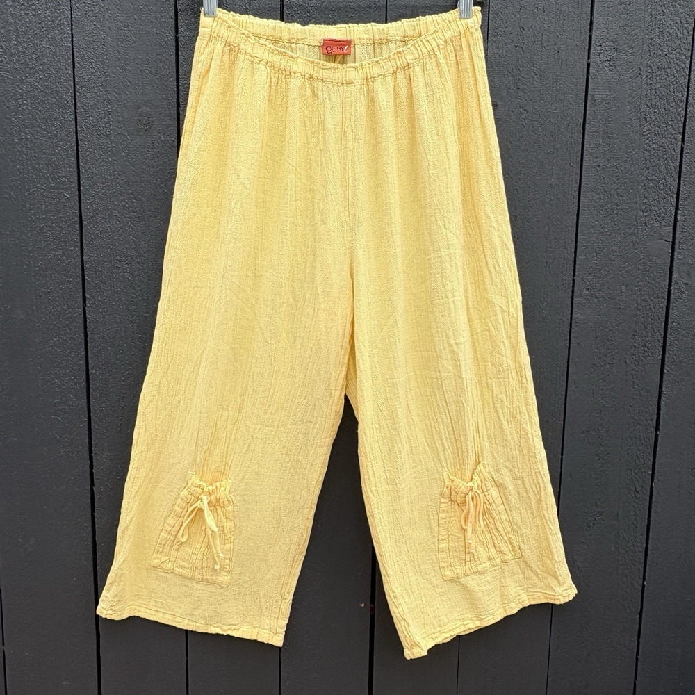 Oh My Gauze Wide Leg Cropped Pants Sz 2 L Coastal Resort Lagenlook Butter Yellow